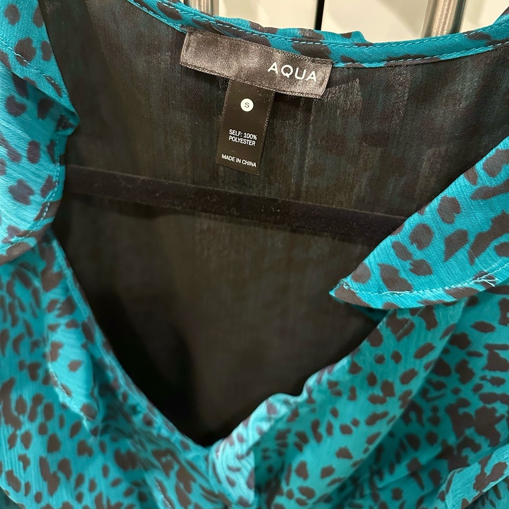 Aqua Teal Leopard Print Ruffle Wrap Long Sleeve Blouse - SMALL - Picture 4 of 9